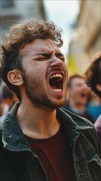 A man with curly hair passionately yells into the air amidst a crowd of people.