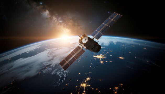 A satellite orbits Earth, capturing the beauty of sunrise over the planet 