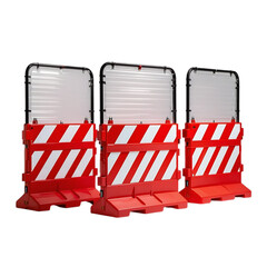 Three bright orange traffic barriers with reflective white stripes on black background