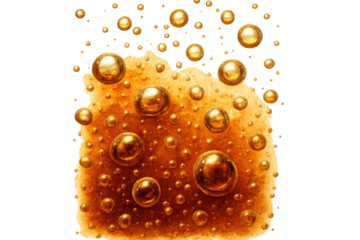 Fizzy golden bubbles rising in amber liquid, creating carbonated effervescence, watercolor illustration with transparent background