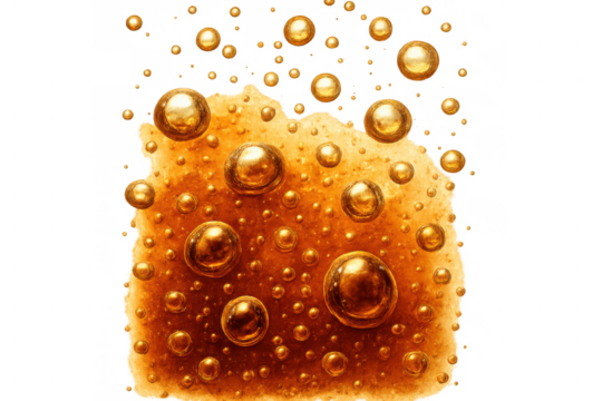 Fizzy golden bubbles rising in amber liquid, creating carbonated effervescence, watercolor illustration with transparent background