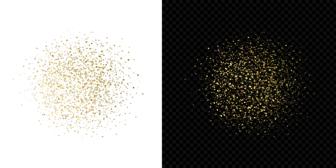 Confetti Golden dust explosion, glitter, and shimmer effect on white and transparent/black backgrounds, ideal for holiday and festive designs.
