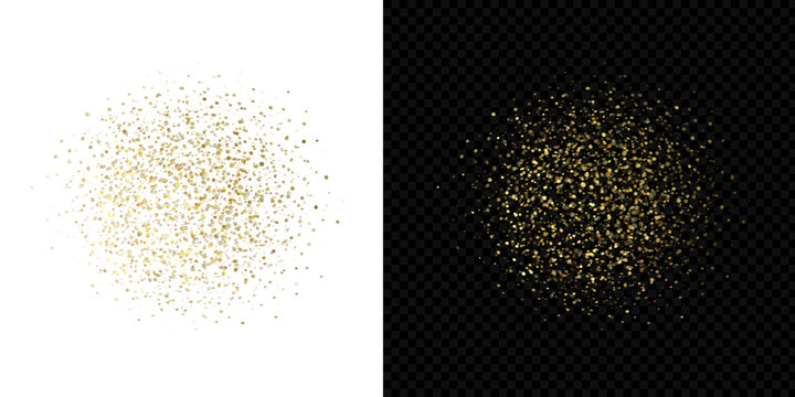 Confetti Golden dust explosion, glitter, and shimmer effect on white and transparent/black backgrounds, ideal for holiday and festive designs.