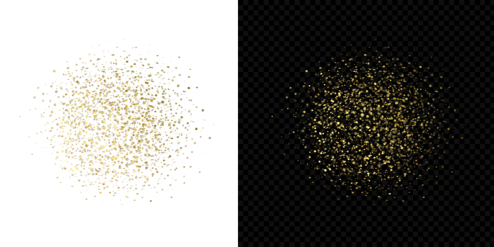 Confetti Golden dust explosion, glitter, and shimmer effect on white and transparent/black backgrounds, ideal for holiday and festive designs.