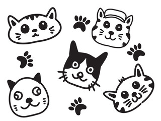 Adorable Cat Faces with Paw Prints Set
