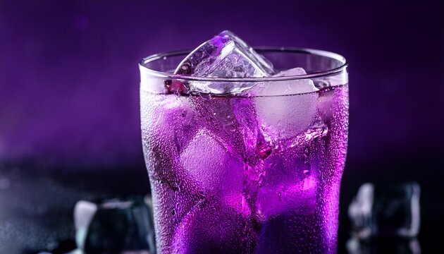 Purple Carbonated Drink With Ice Cubes Close Up Selective Focus