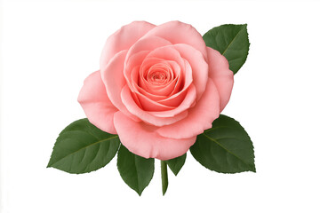 Fototapeta premium Pink rose blossom with green leaves symbolizing love and romance on a transparent background for design projects