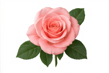 Pink rose blossom with green leaves symbolizing love and romance on a transparent background for design projects