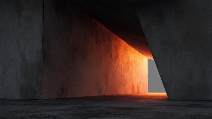 Abstract architectural space with warm light emerging from shadowed corridor creating a dynamic contrast of textures and tones