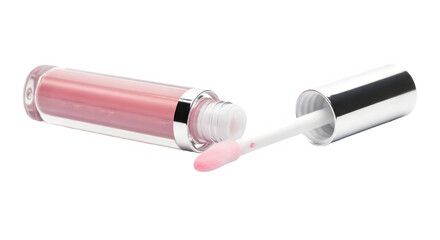 Pink liquid lip gloss cosmetic tube with applicator brush for beauty product marketing isolated PNG with Transparent Background