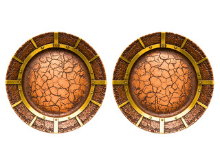 Two round bronze fantasy shields with reinforced metal border on a transparent background