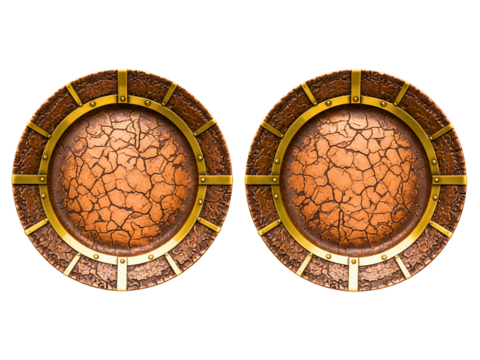 Two round bronze fantasy shields with reinforced metal border on a transparent background