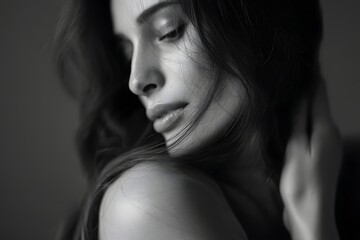 Obraz premium Elegant portrait of a young woman in black and white with dark hair