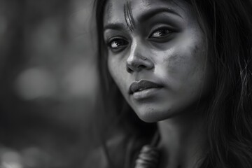 Fototapeta premium Dramatic black and white portrait of a woman with face paint and nose ring