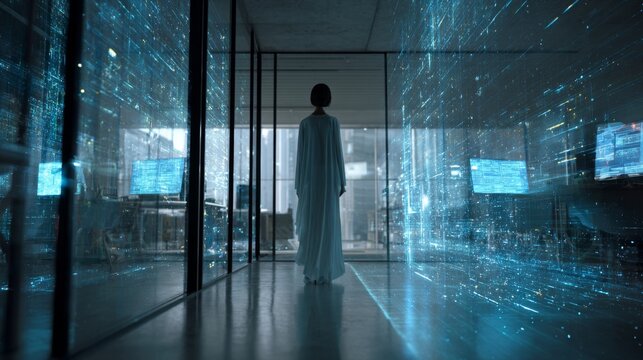Futuristic Office Space with Digital Data Stream and Business Professional in White Attire Emphasizing Technology and Innovation - Powered by Adobe
