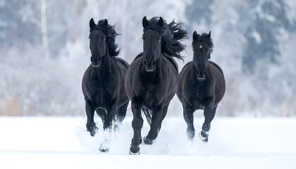 Three sleek black horses gallop through a snowy field, plumes waving, trees blurred in the background