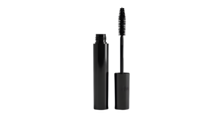 Black Mascara Tube and Applicator Brush Product Shot isolated PNG with Transparent Background