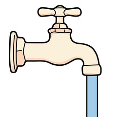 light beige water tap with a black outline, with water currently flowing out of it.