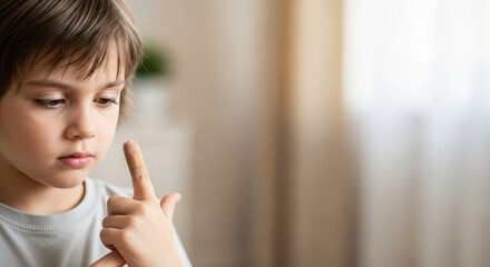 Worried child with injury, showing adhesive bandage on finger with blurred background. Adhesive bandage is used as protection of finger, wound care with dressing to prevent infection.
