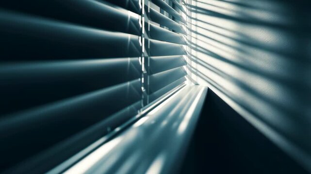 Window Blind's Light and Shadow Play: The sun casts long shadows through a window blind, the geometric pattern creates a dynamic interplay of light and shadow, revealing the beauty of minimalism.