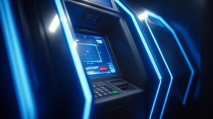 Fototapeta premium Futuristic ATM with Neon Lighting and High-Tech Interface in a Dark Environment