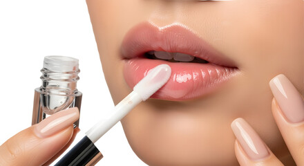 Close-up applying clear transparent lip gloss to full moist lips for beauty and cosmetic advertising isolated PNG with Transparent Background