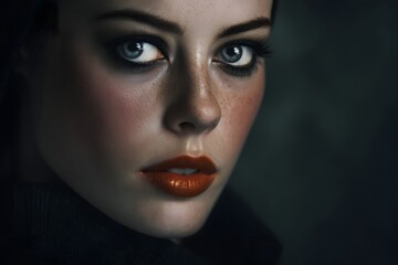 Close-up of a freckled woman with dramatic eyes and glossy orange lipstick