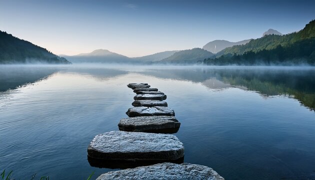 Calm Serene Lake Scene With Stepping Stones Tranquil Path Across Water Leads To Mountains Misty Quiet Morning