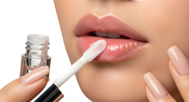 Close-up applying clear transparent lip gloss to full moist lips for beauty and cosmetic advertising isolated PNG with Transparent Background