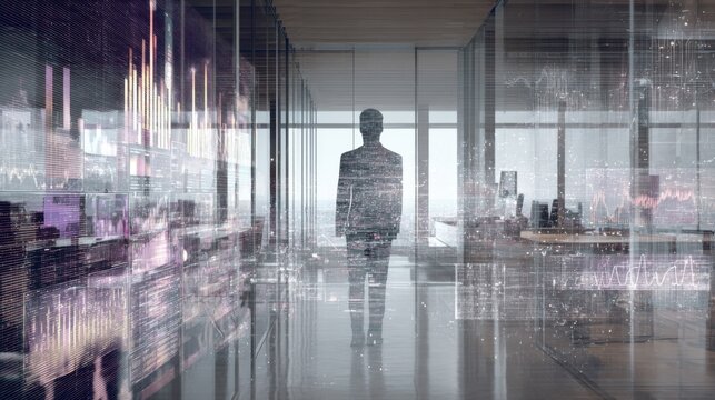 Business Professional Analyzing Data in Modern Office with Digital Technology Visualization and Stock Market Graphs