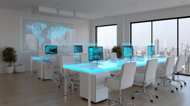 Modern office with futuristic design, advanced technology, digital maps, and high-tech workstations in bright, airy environment