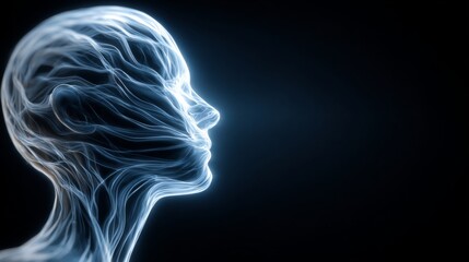 Ethereal Glow of Human Profile with Flowing Light Patterns Against a Dark Background