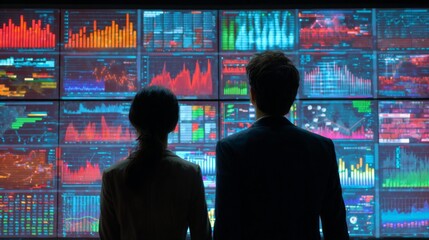 Two Professionals Analyzing Data Charts on Digital Screens in Modern Office Environment with Colorful Graphs and Statistics
