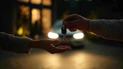 A hand passes car keys to another hand in a dimly lit setting, illuminated by car headlights. This image represents vehicle ownership, trust, and important life transitions