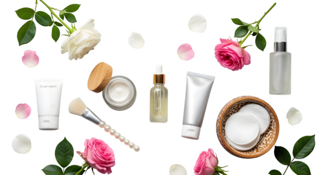 Skincare flat lay with flowers isolated on PNG background.