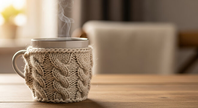 Steaming coffee mug in a knitted sweater on wooden table, close up. Steaming coffee mug setup enhances warm beverage experience, creates cozy and inviting atmosphere.