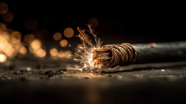 severed. Severed electrical cable with sparks from exposed copper wires. product launch decks, UI/UX mockups, designed for product launches and innovation pitches, highlights innovation. - Powered by Adobe