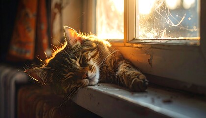 Tabby cat sleeping serenely on sunlit windowsill, warm light enveloping it in cozy, peaceful domestic scene