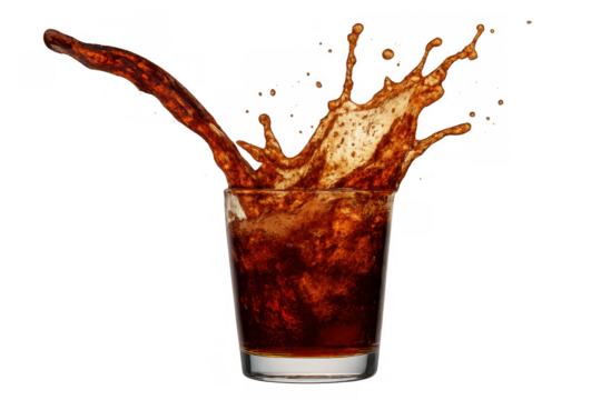 Refreshing cola drink splashing into a glass, creating dynamic liquid movement with bubbles, transparent background
