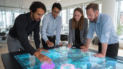 Business Team Collaborating on Interactive Digital Table in Modern Office Environment for Innovative Project Development