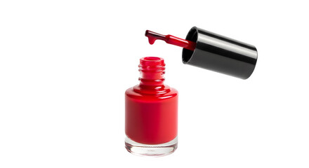 Open bottle of vibrant red nail polish with dripping applicator brush, commercial beauty product photography. isolated PNG with Transparent Background