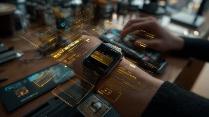 Close-up of Smartwatch Interface with Digital Overlay in Modern Workspace Setting Featuring Hands on Laptop Keyboard