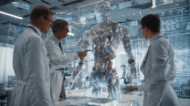 Scientists Collaborate on Advanced Robot Technology in Modern Laboratory Environment with Interactive Holographic Displays - Powered by Adobe