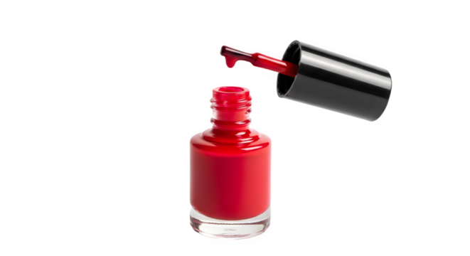 Open bottle of vibrant red nail polish with dripping applicator brush, commercial beauty product photography. isolated PNG with Transparent Background