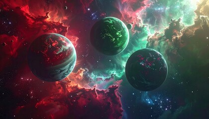 Three planets float against a colorful nebula backdrop in deep space. Glowing clouds add to cosmic beauty
