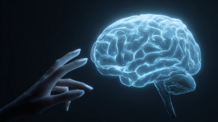 Human hand reaching towards a glowing 3D holographic brain representing artificial intelligence and neural connections