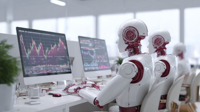 Advanced robotic assistants working in a modern office analyzing financial data on computer screens with stock market graphs