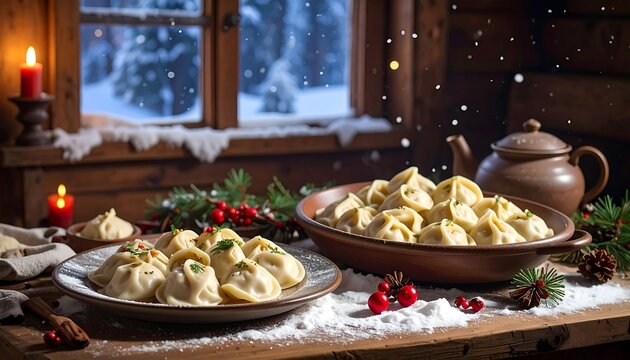 Two plates of dumplings sit on a snowy wooden table in a cozy cabin with a wintery window view