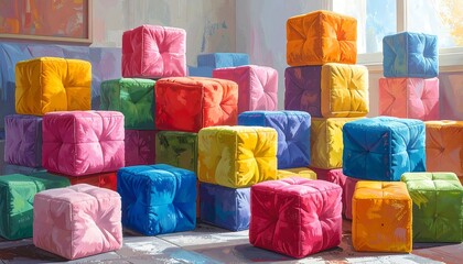 A vibrant, colorful arrangement of soft, square cushions piled high, creating a playful and inviting visual