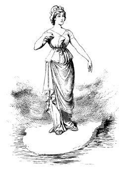 Statue, classical, a drawing of a lady in a gown. Monochrome Vintage line drawing from the1890s, representing the culture and fashion of the times.